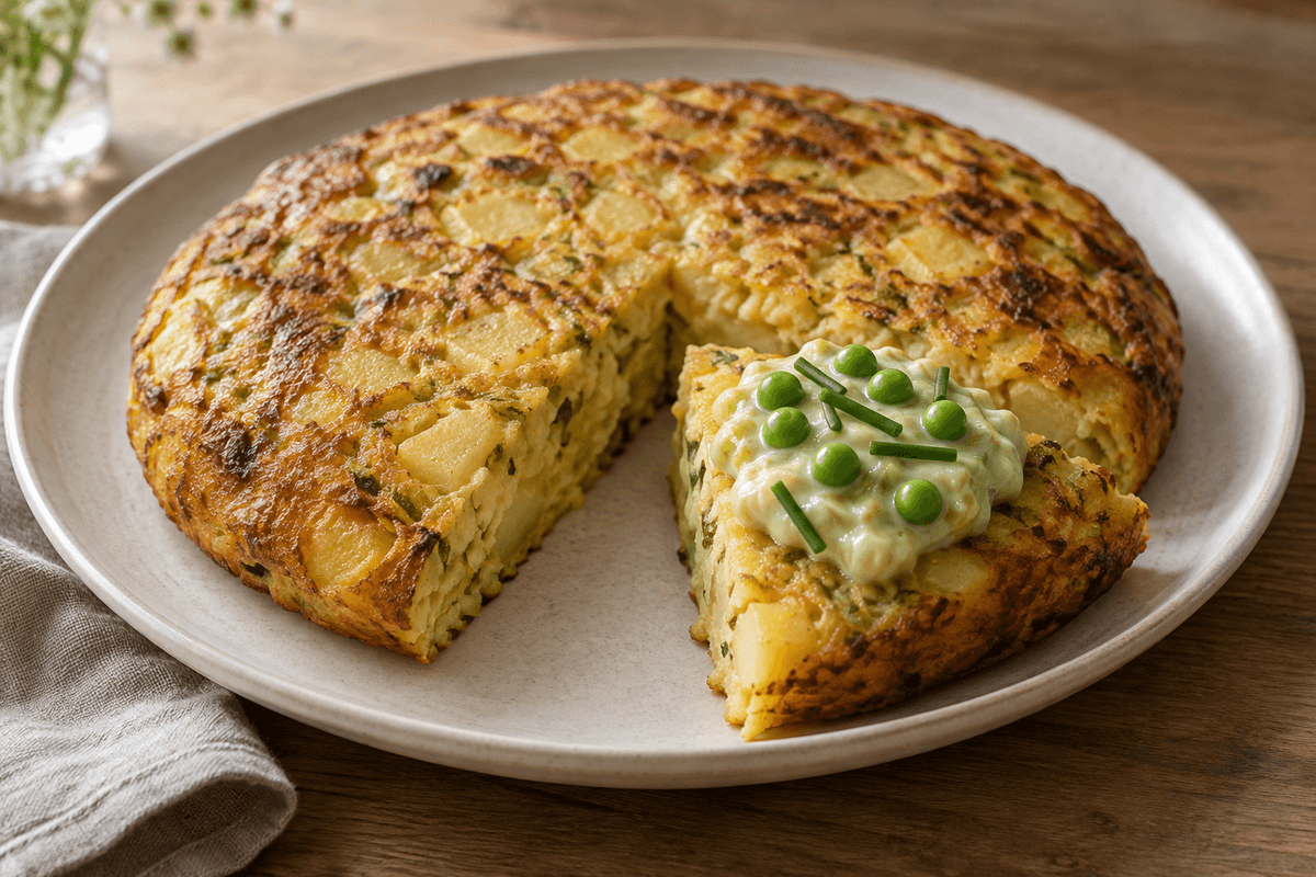 Ovnbagt kartoffelomelet med porre-ærtestuvning, dijon og purløg