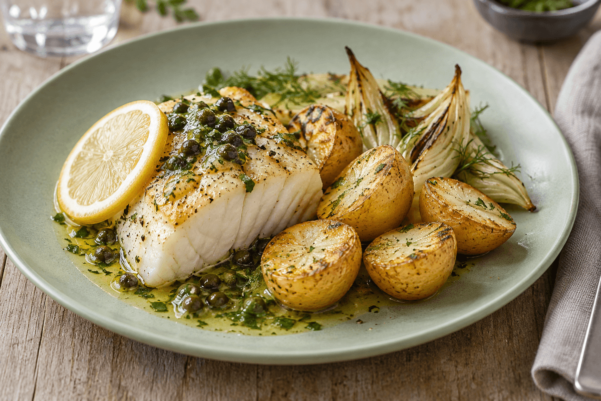 Ovnbagt lys fisk med fennikel, citronkartofler og persille-kaperssauce