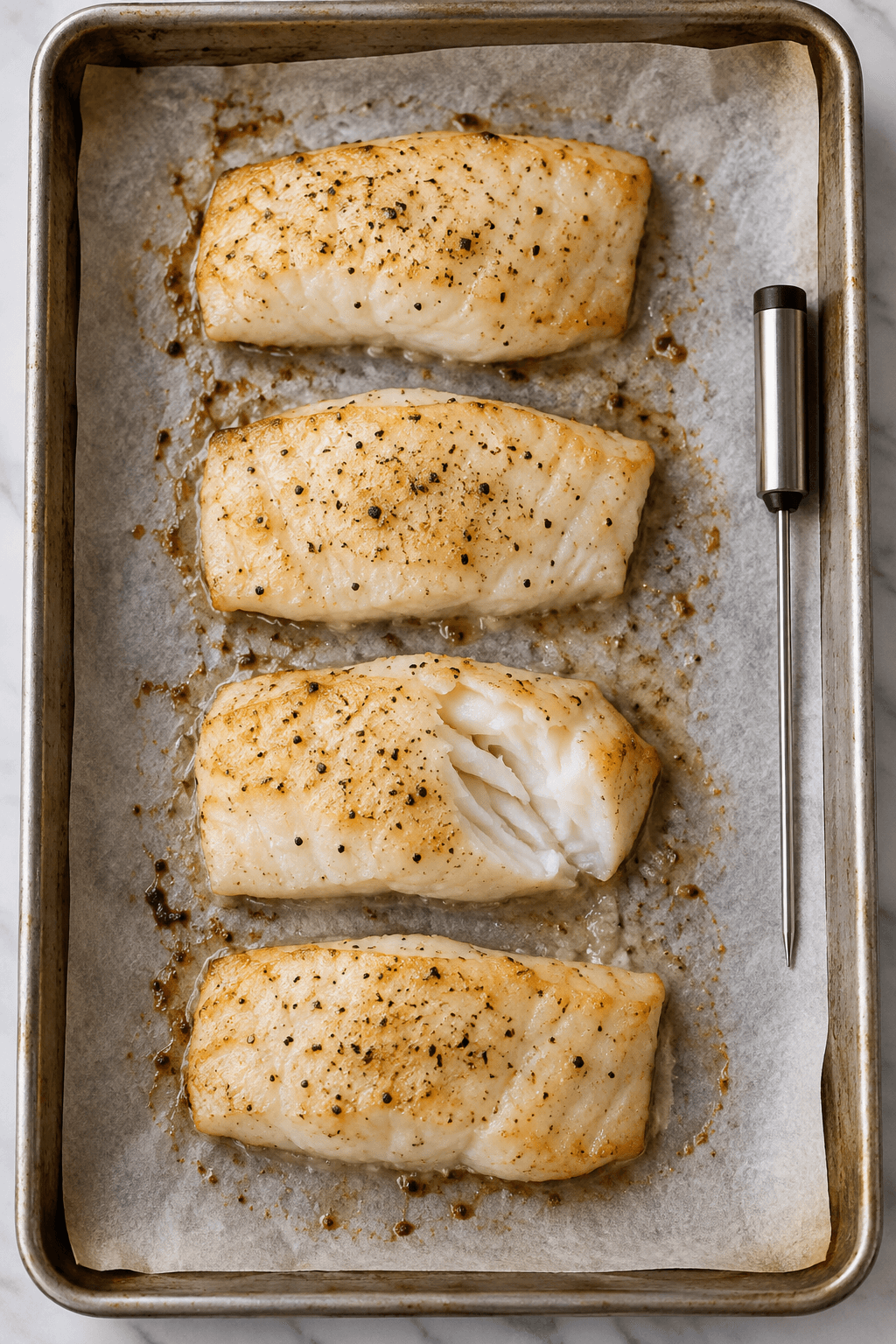 Fire ovnbagte fiskefileter med saftige flager og termometer