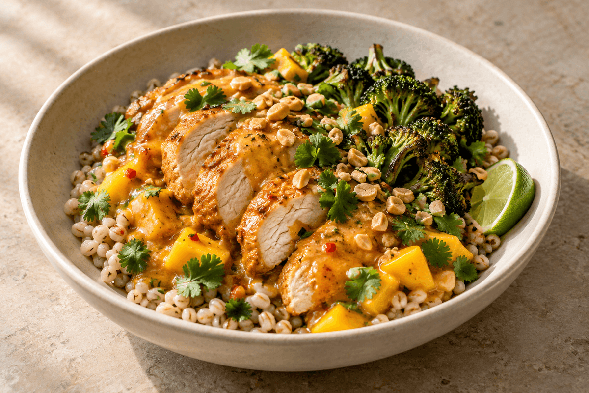 Ovnbagt mangokylling med rød karry, perlebyg, broccoli og peanut-limeknas