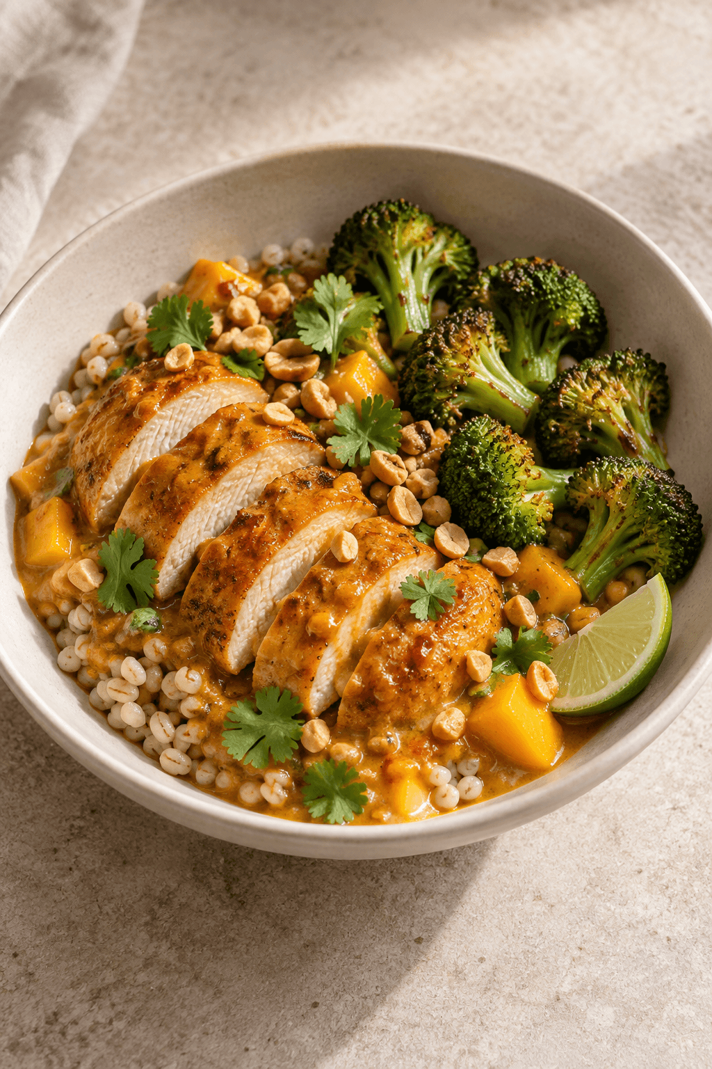 Mangokylling med perlebyg, broccoli og peanut-limeknas i én skål