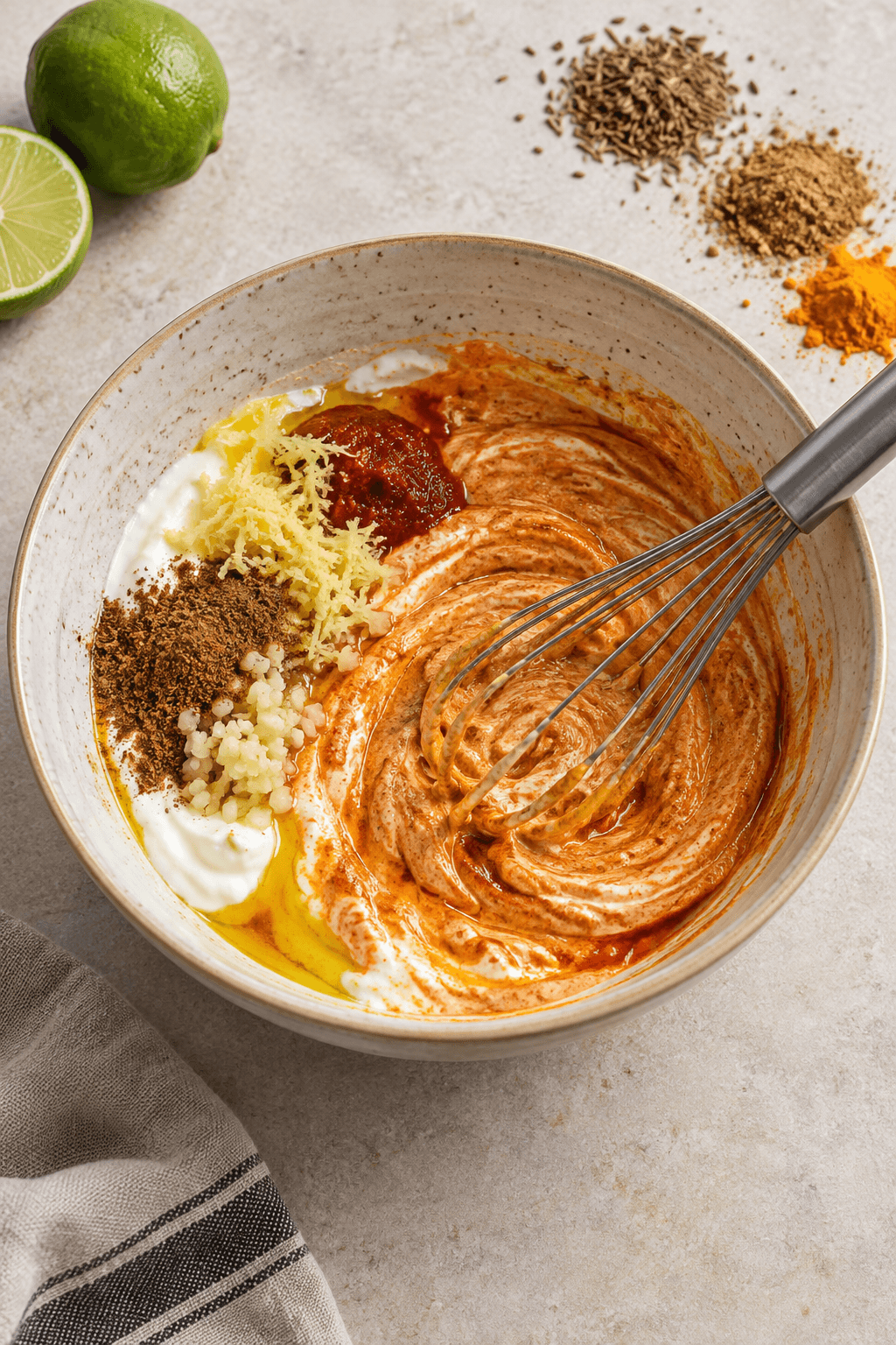 Orange yoghurt-masalamarinade piskes med krydderier, ingefær, hvidløg og lime i én skål