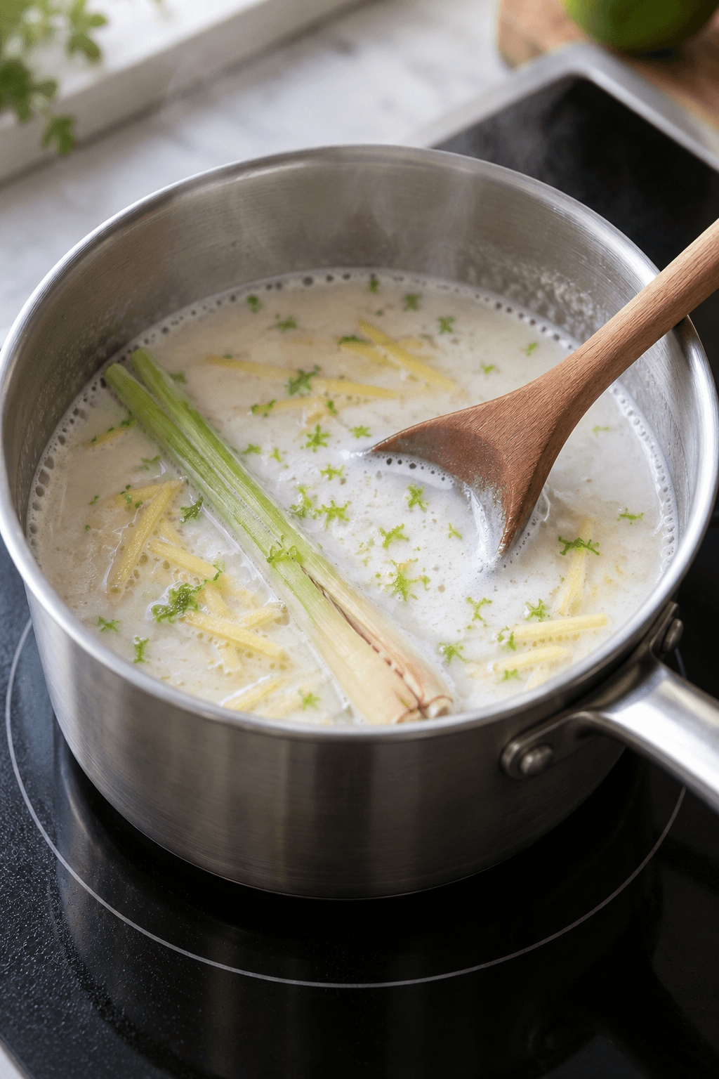 Kokosmælk trækker med lime, ingefær og citrongræs