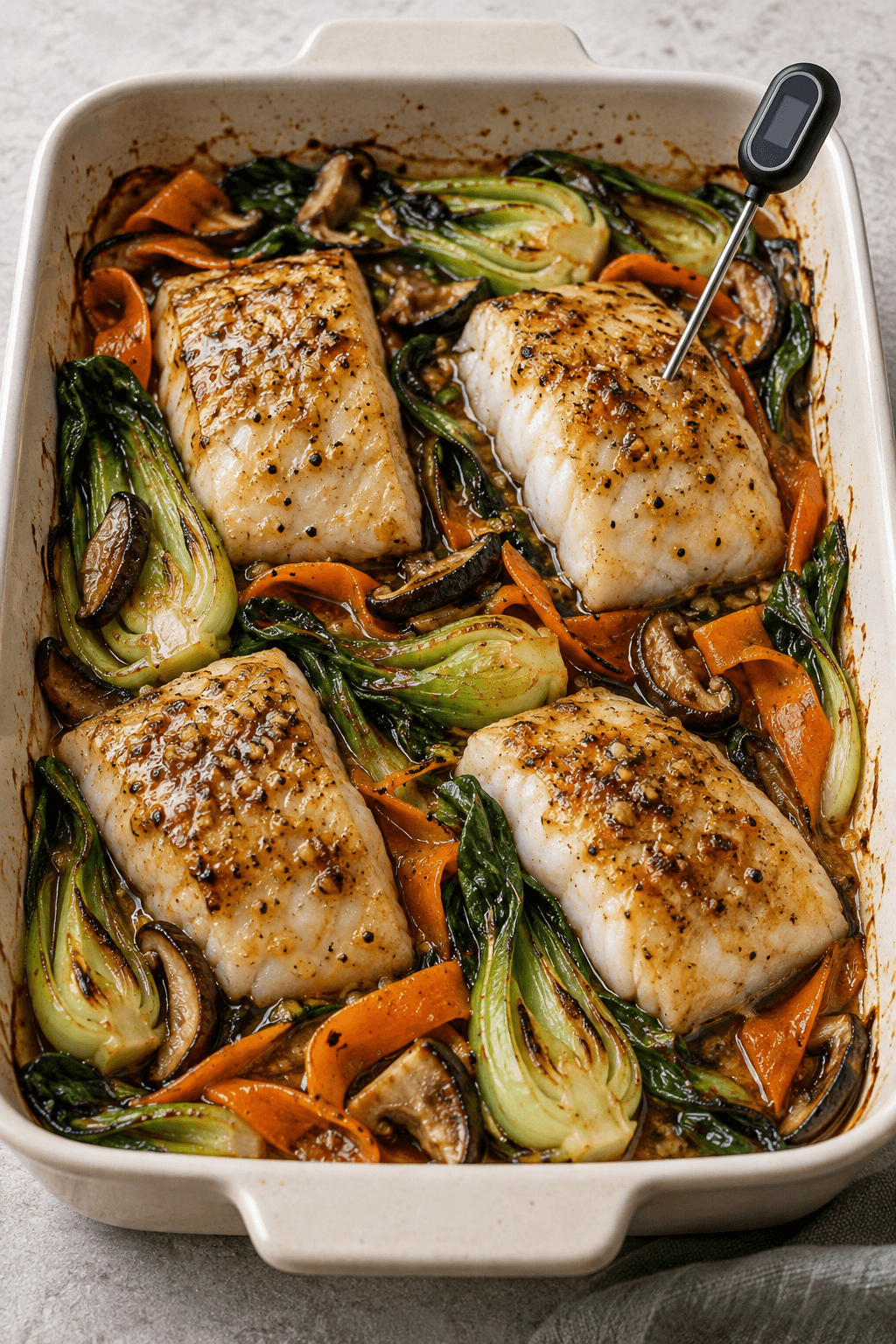 Fire bagte torskestykker med pak choi, shiitake og gulerod i ét fad