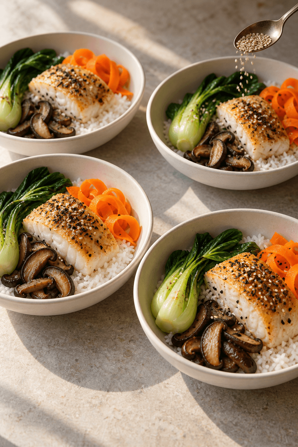 Fire skåle med jasminris, torsk, pak choi, shiitake og gulerod