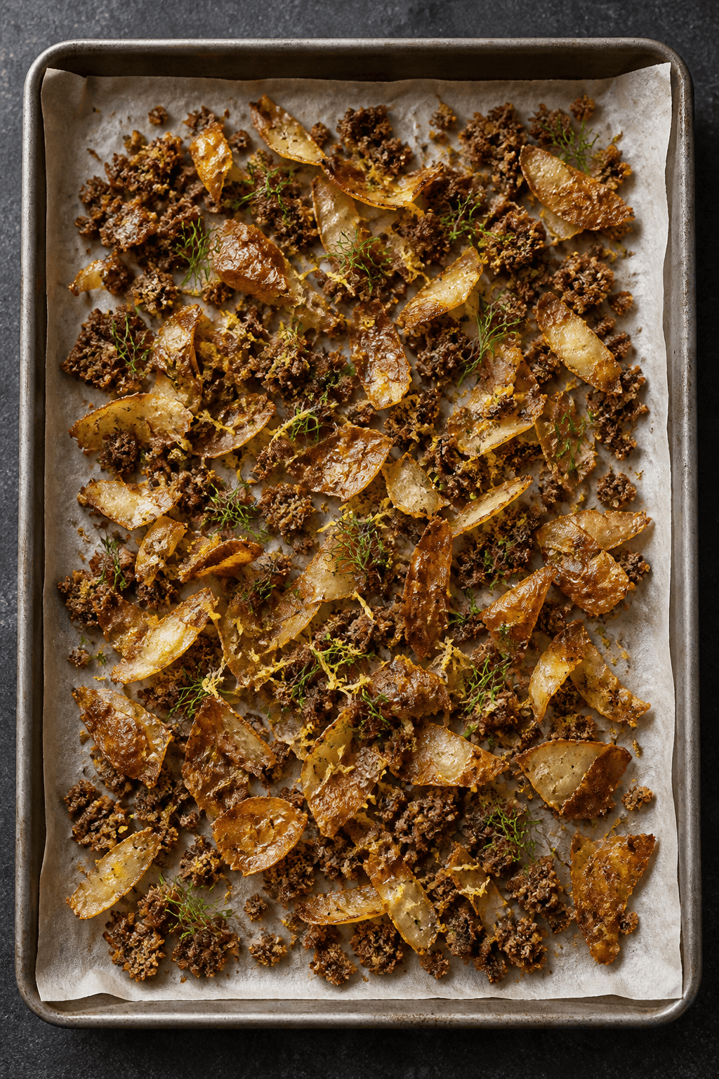 Sprøde kartoffelskind og mørke rugkrummer ristes med citronskal og dild på en bageplade