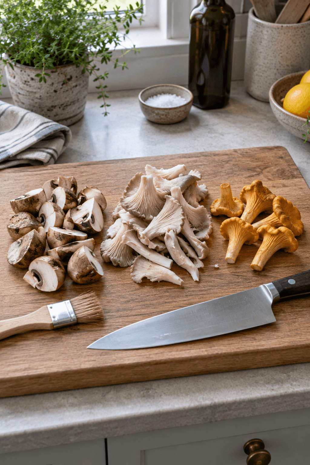 Champignon, østershatte og kantareller ligger i tre adskilte grupper på ét bræt