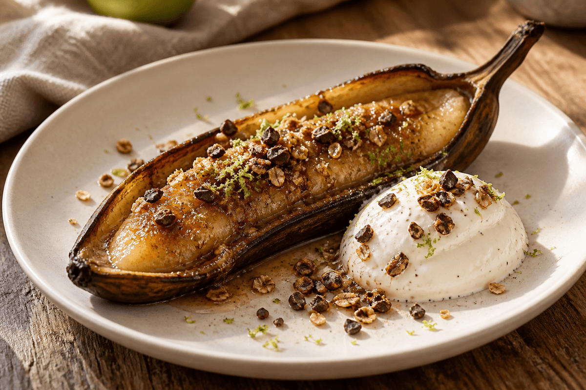 En ovnbagt bananbåd med farin-limesmør, kakao-havreknas og vaniljecreme