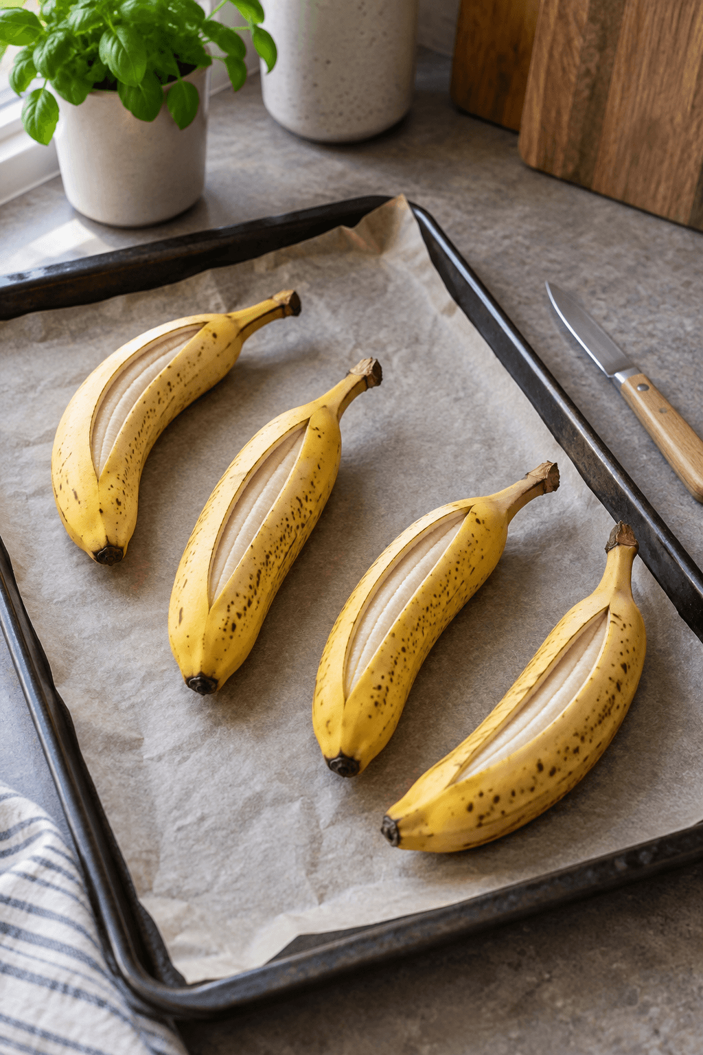 Fire modne bananer åbnes på langs i deres skræl