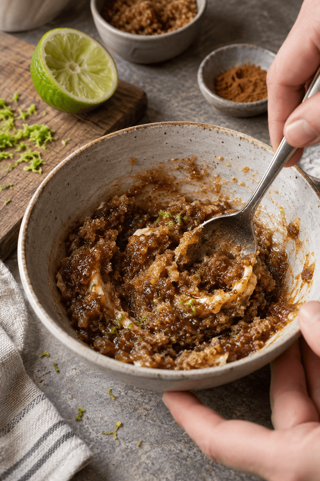 Blødt smør røres med brun farin, lime og kanel