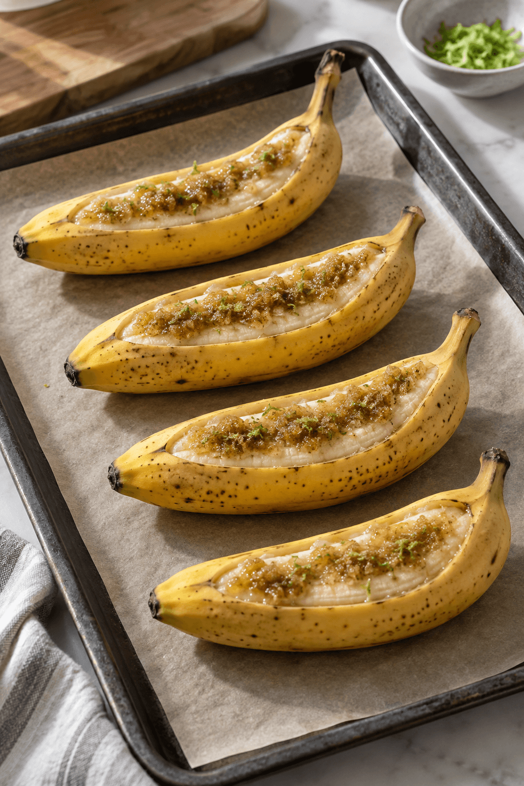 Fire rå bananbåde fyldes med farin-limesmør før bagning