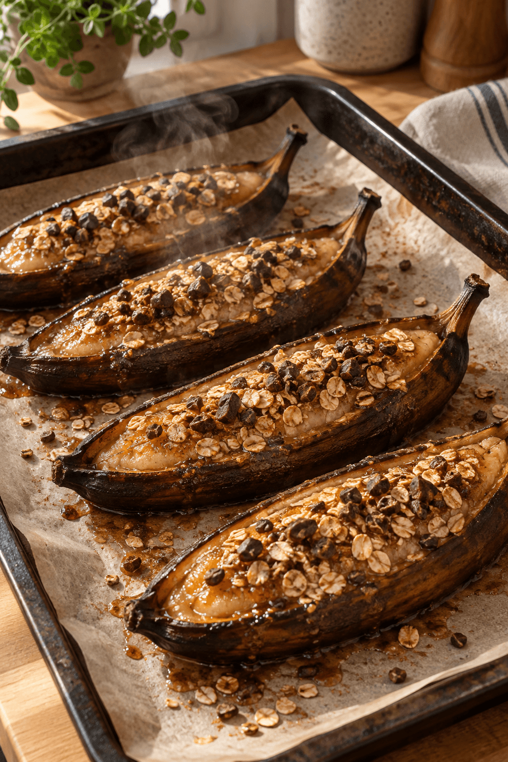 Fire færdigbagte bananbåde med karamelsmør og kakao-havreknas
