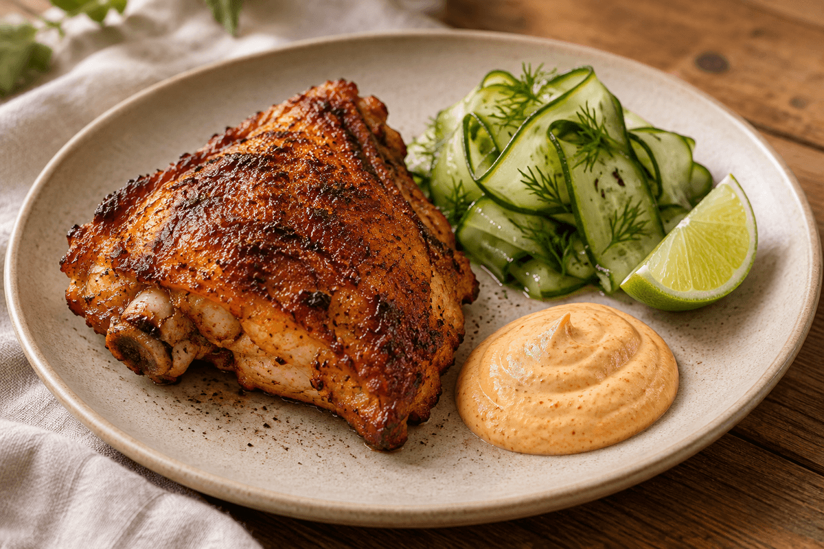 Ovnbagt cajun-kyllingelår med røget cashew-limedip og dildsyltet agurk