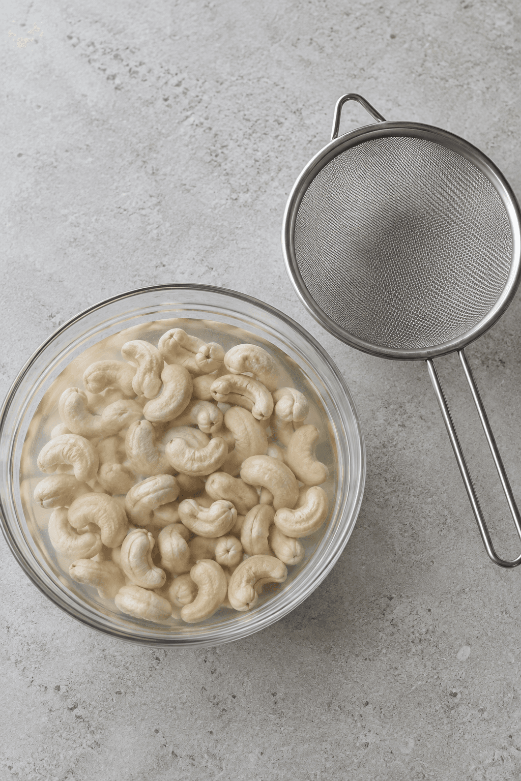 Rå cashewnødder udblødes i varmt vand i én skål med én tom si ved siden af