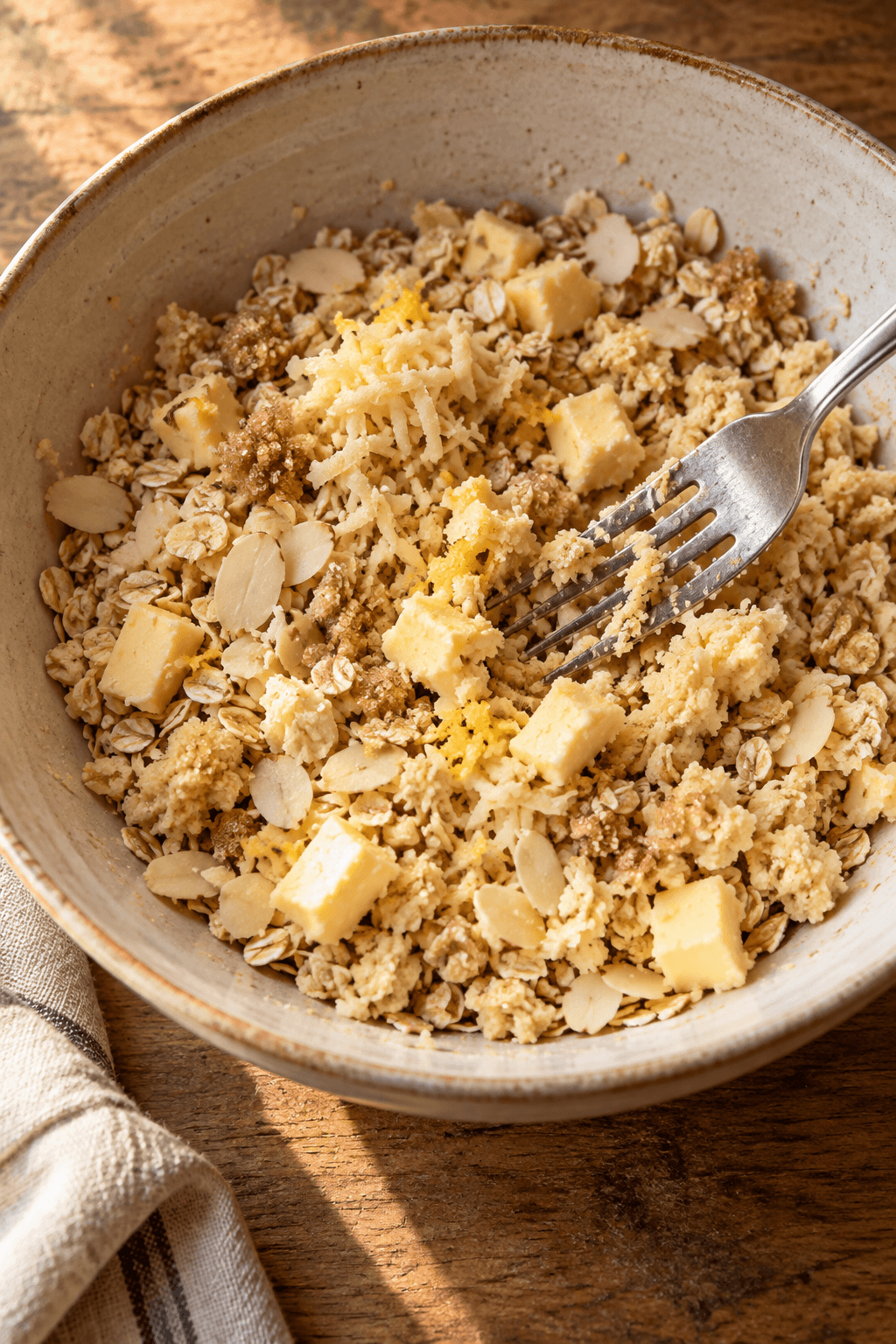 Grov crumble med havre, marcipan, mandler, smør og citronskal i én skål