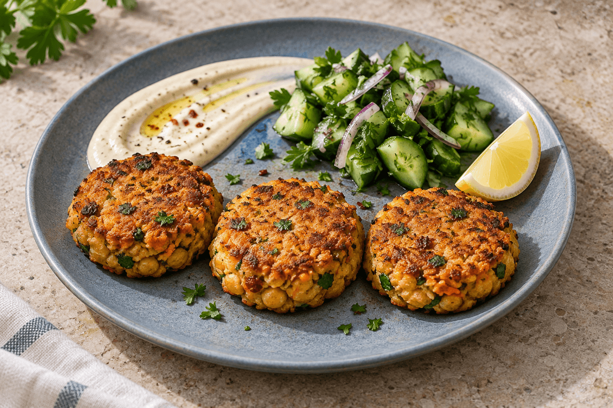 Tre ovnbagte kikærtebøffer med gulerod, harissa, tahinyoghurt og agurkesalat