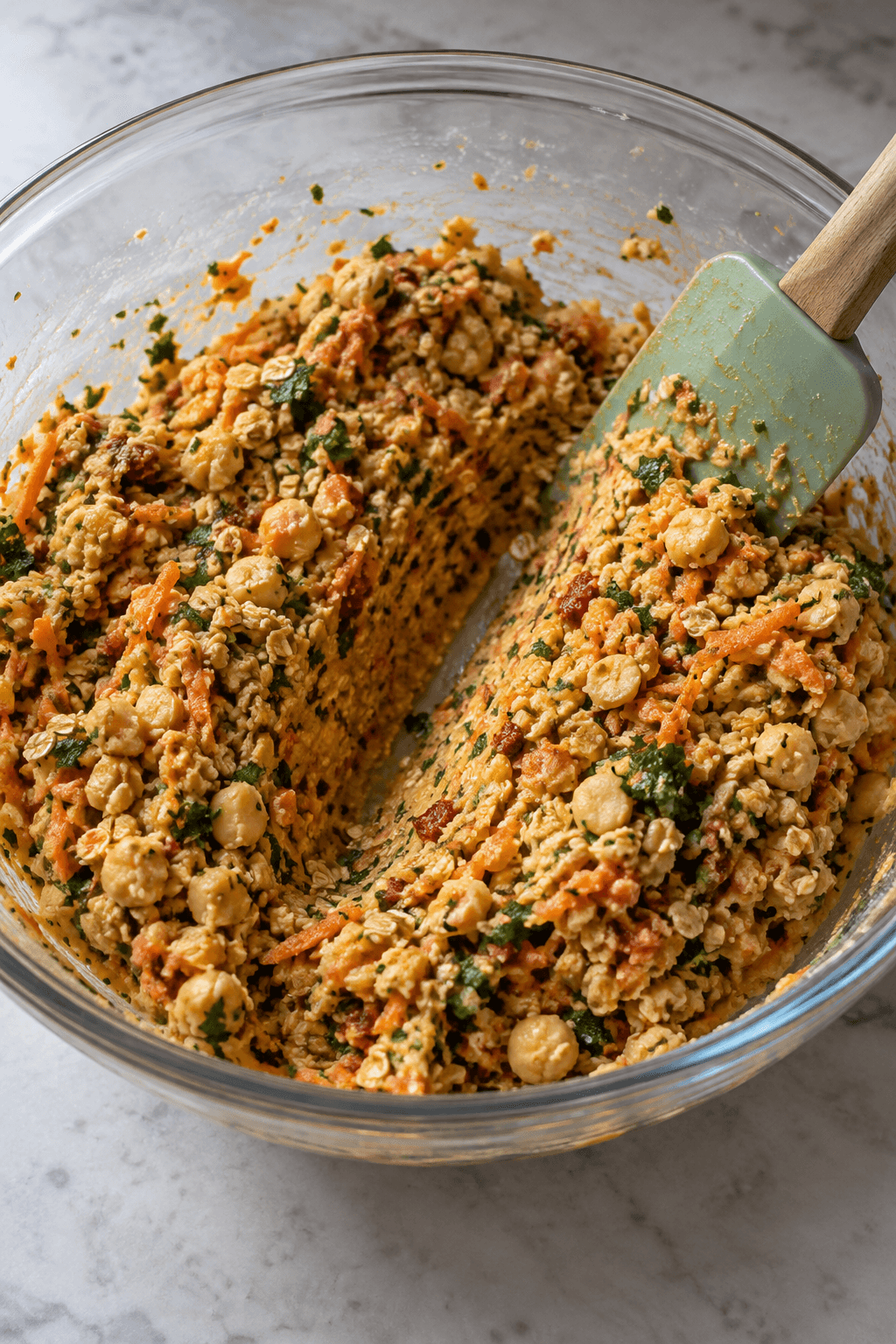 Kikærtefars med gulerod, havre, persille og harissa samles i én skål