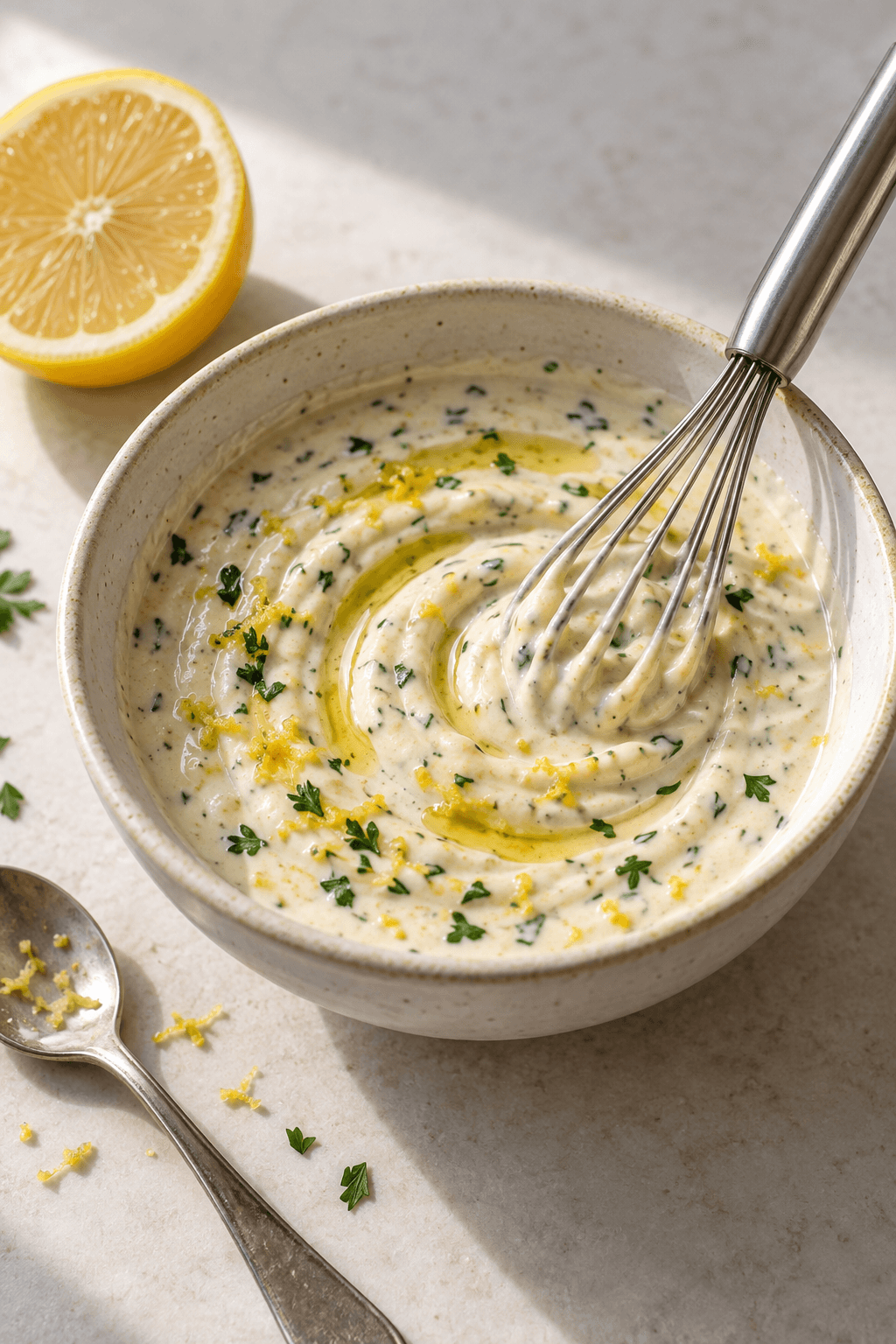 Tyk citron-tahinyoghurt piskes glat i én lille skål