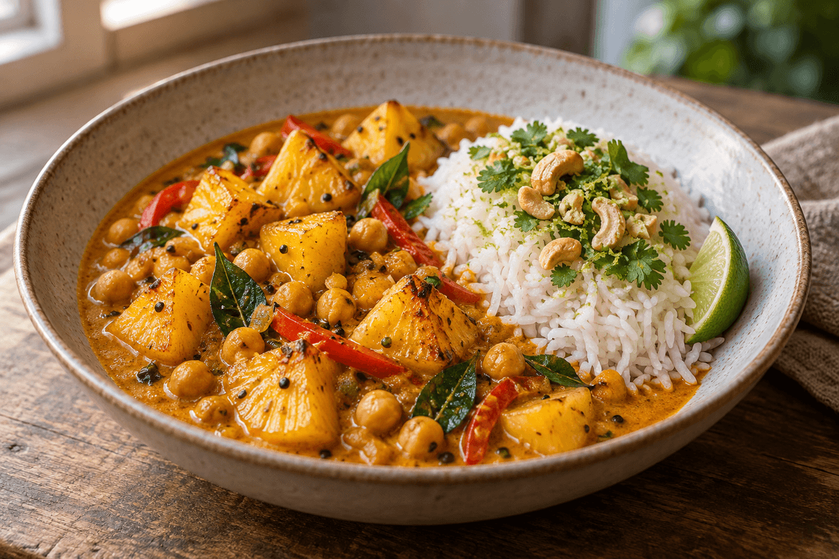Ovnristet ananascurry med kikærter, kokos, ris og lime-cashewnødder