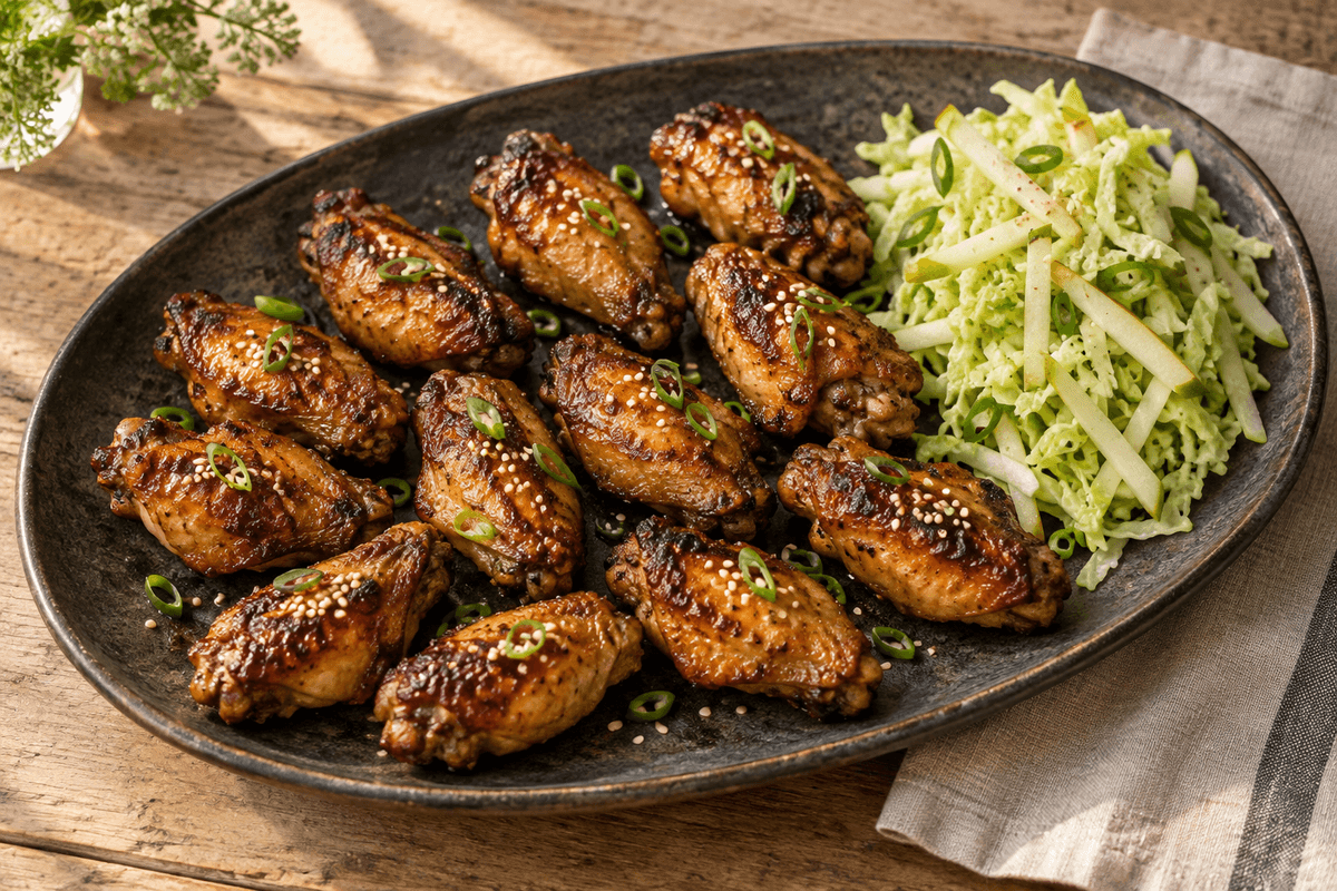 Ovnsprøde kyllingevinger med soja-honningglasur, sesam, forårsløg og pære-kålslaw