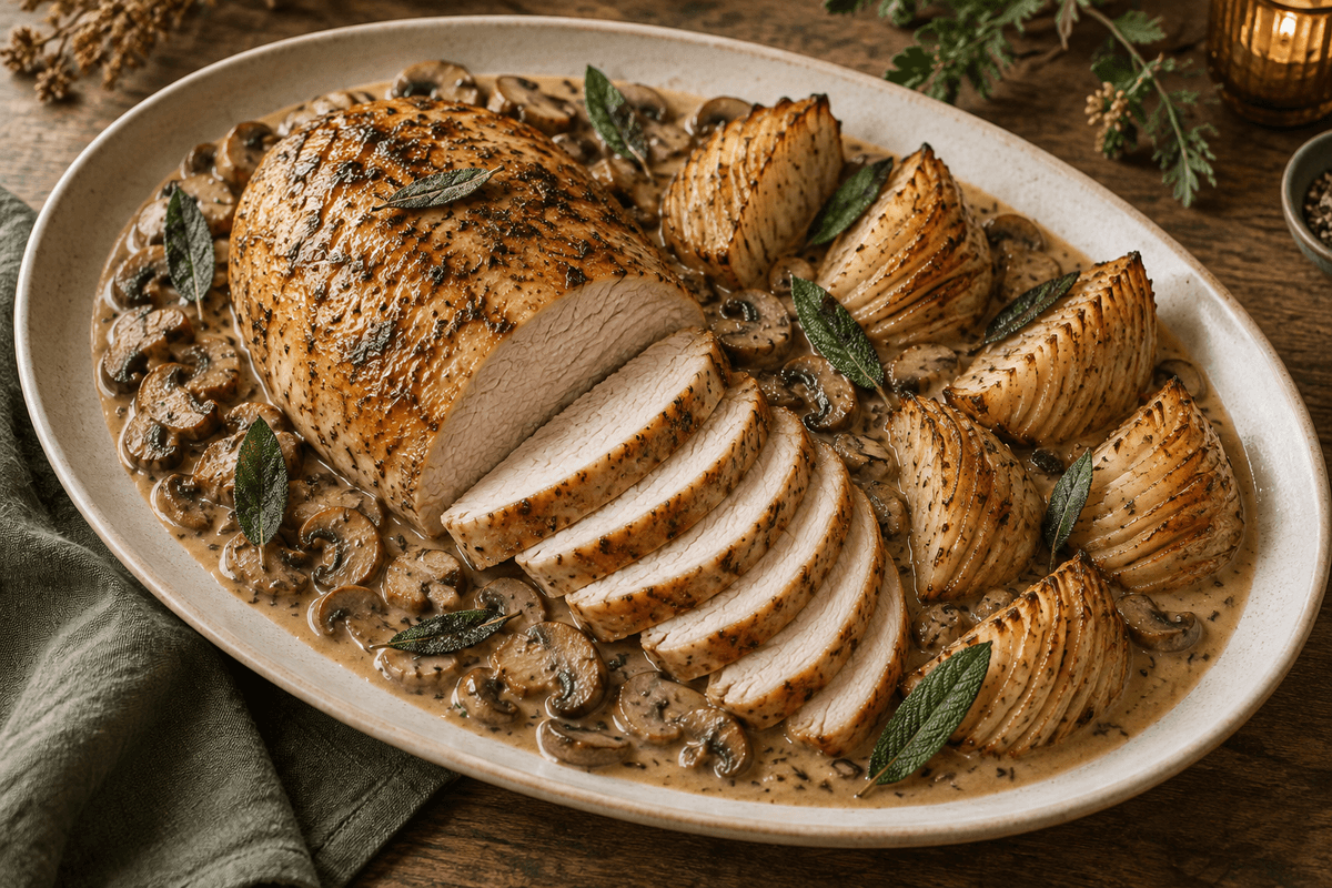 Gennemstegt kalkunbryst med champignon-sherrysauce, seks hasselbackknoldselleribåde og sprød salvie