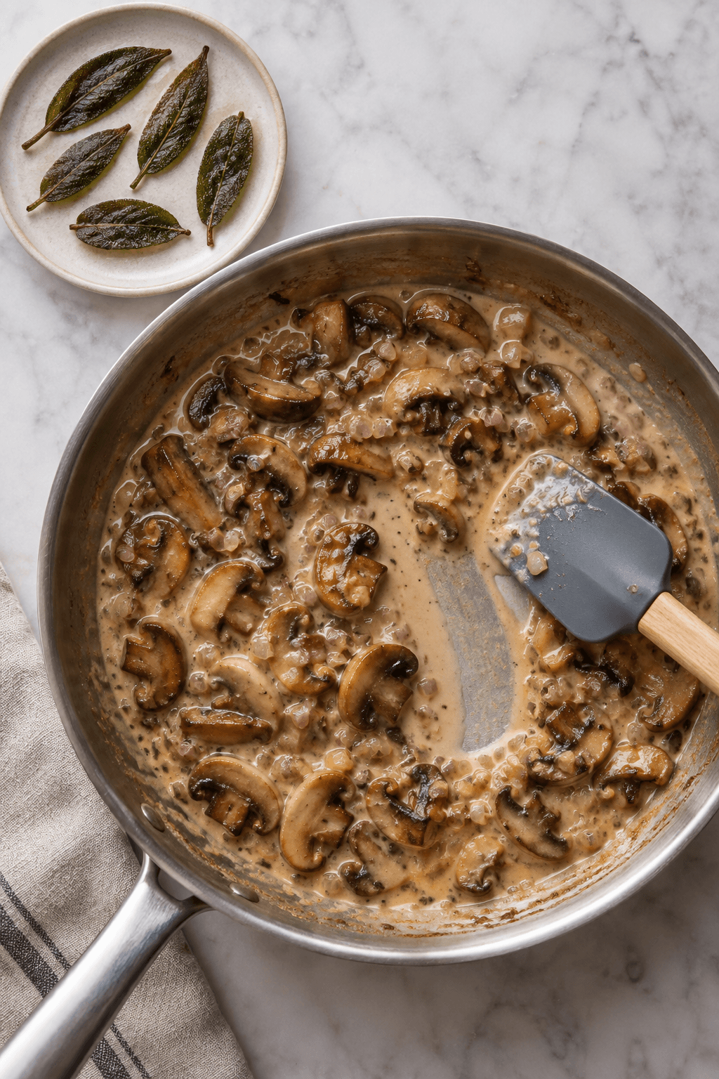 Brunede champignoner i blank sherry-flødesauce med fem sprøde salvieblade ved siden af