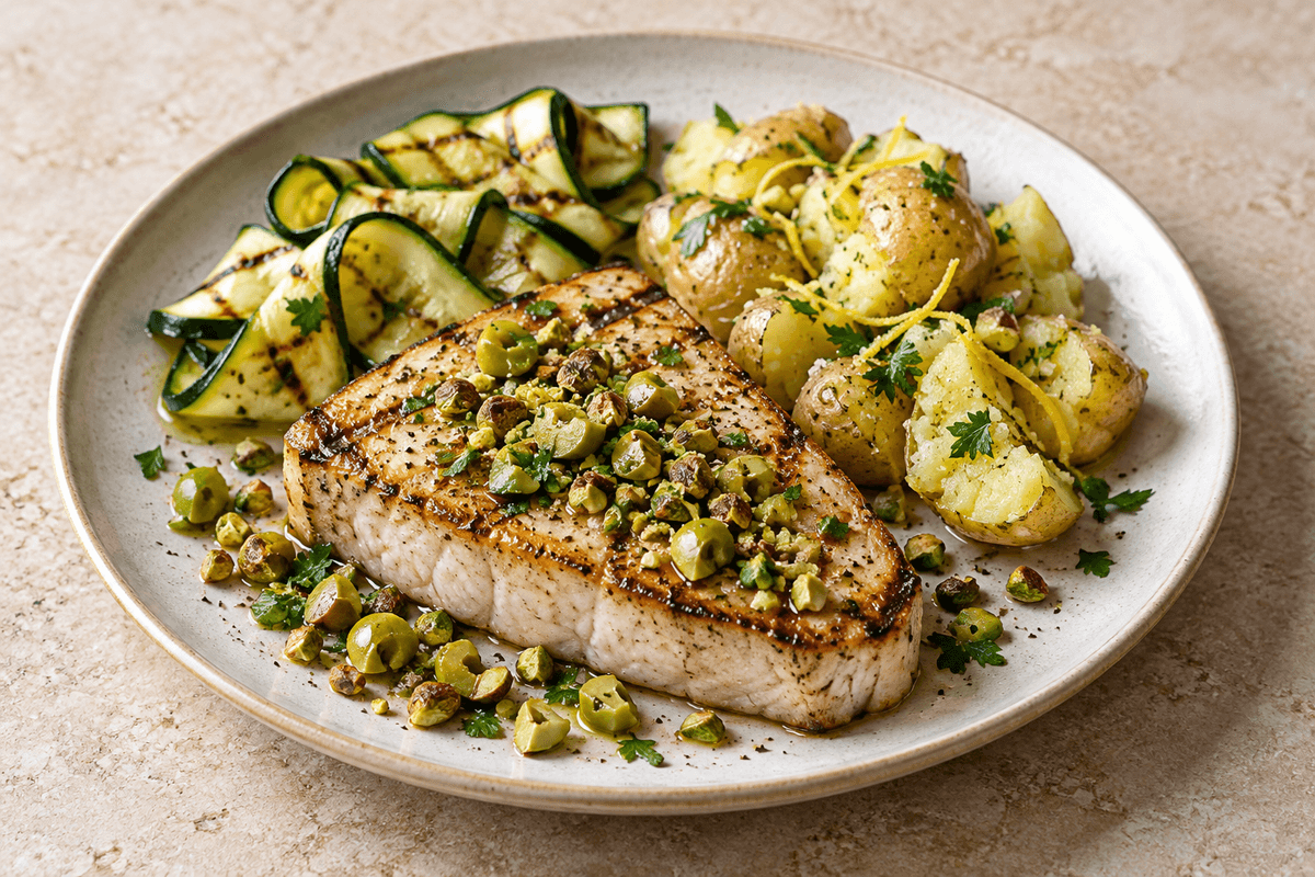 Pandegrillet sværdfisk med citronkartofler, squash og oliven-pistaciecrunch