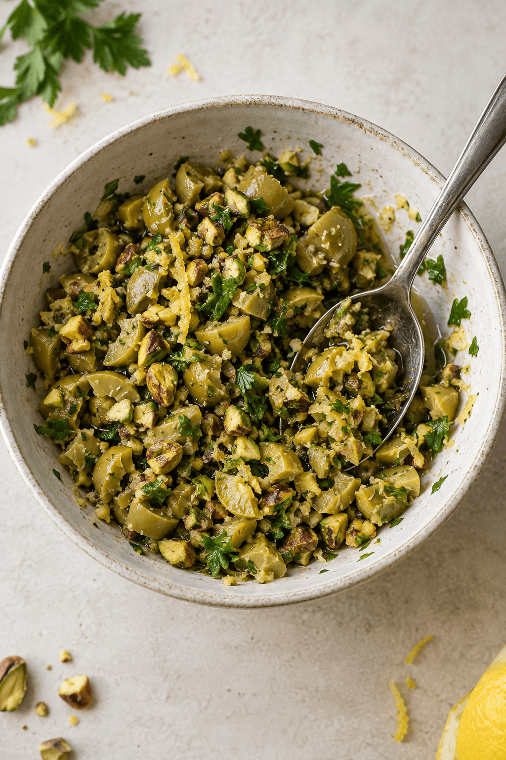 Grov crunch af grønne oliven, pistacie, persille og citronskal i én skål
