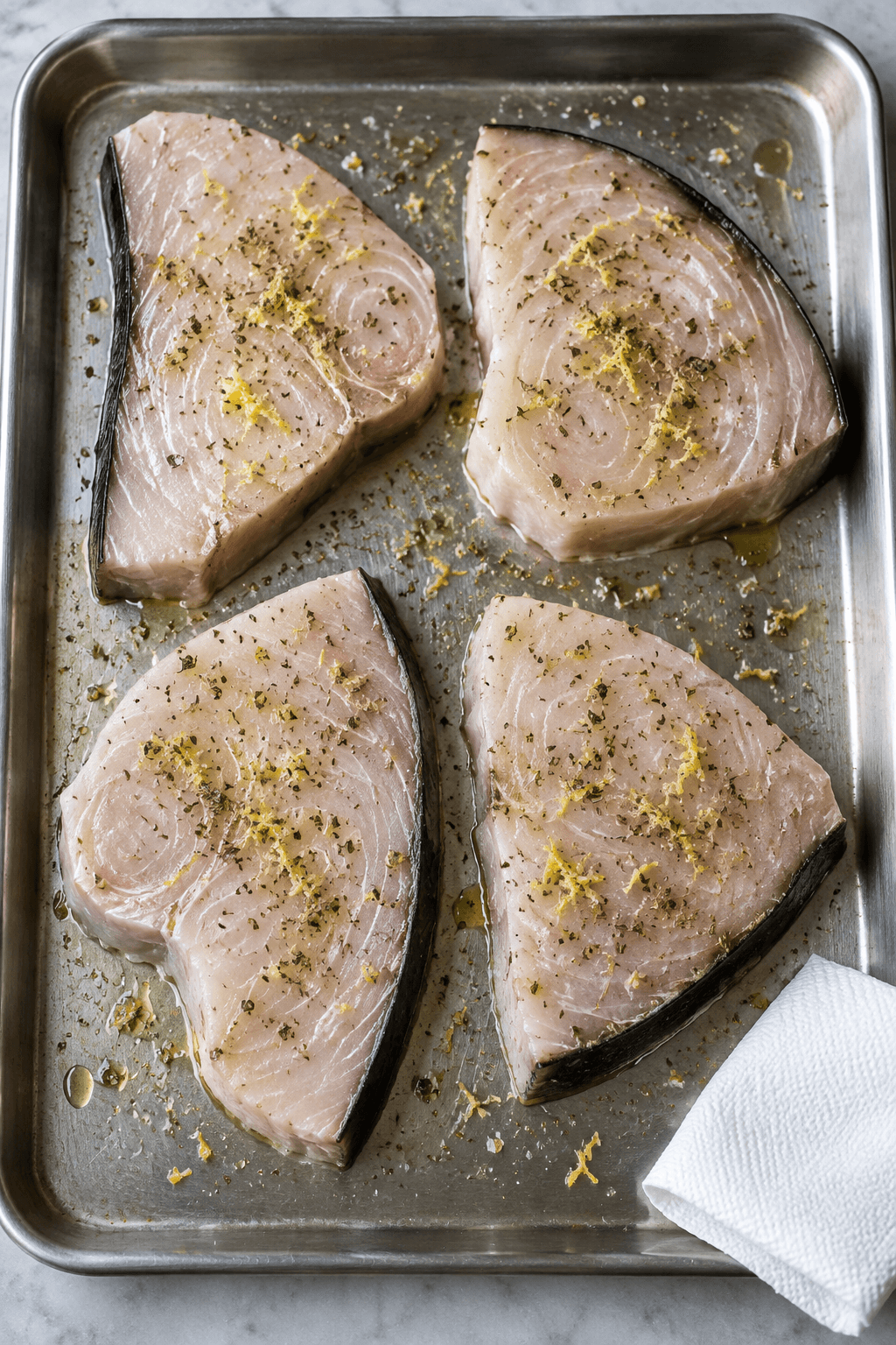 Fire rå sværdfiskesteaks tørres og krydres med citron og oregano på én bakke
