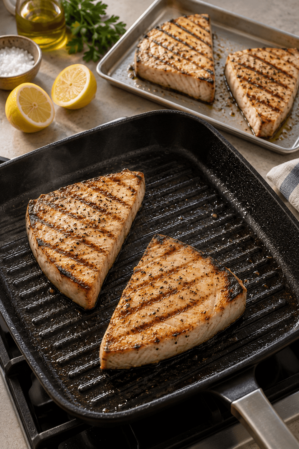 To sværdfiskesteaks grilles, mens to færdige steaks hviler på én bakke