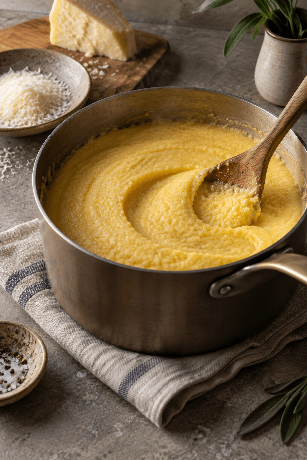 Tyk gylden parmesanpolenta røres i én gryde