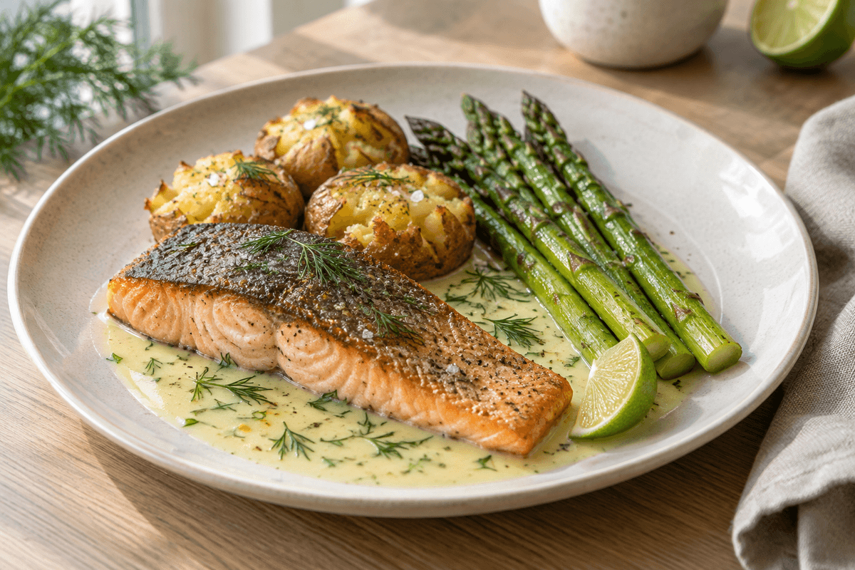 Pandestegt havørred med lime-beurre-blanc, knuste kartofler, grønne asparges og dild