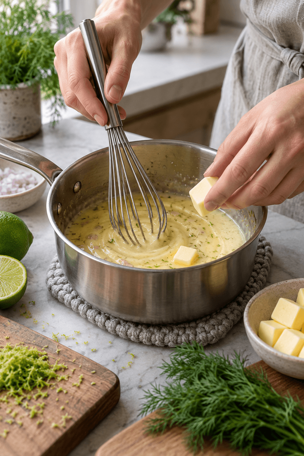 Kolde smørtern piskes gradvist i indkogt hvidvin og lime til blank sauce