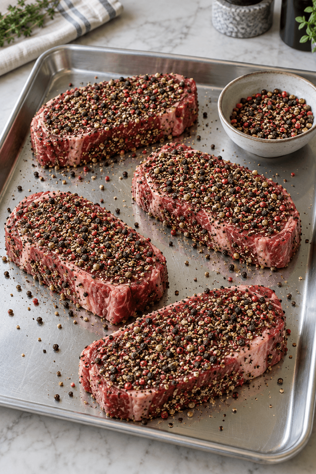 Fire rå oksefiletsteaks med groft knuste sorte, grønne og rosa peberkorn