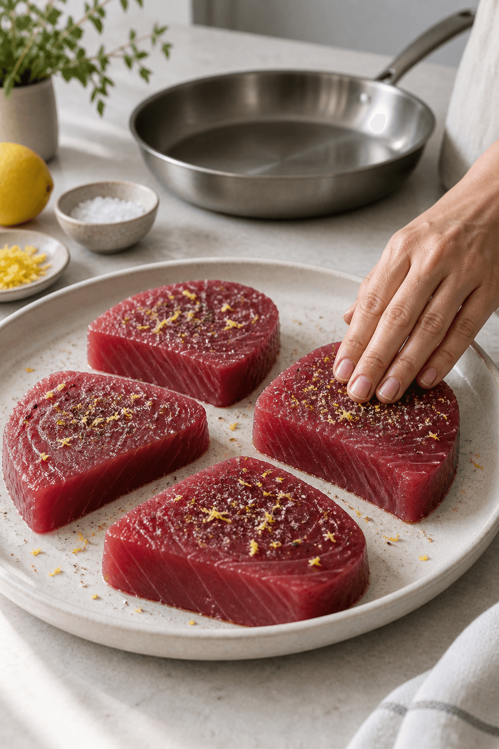 Fire tunbøffer duppes tørre og krydres med citron, salt og peber