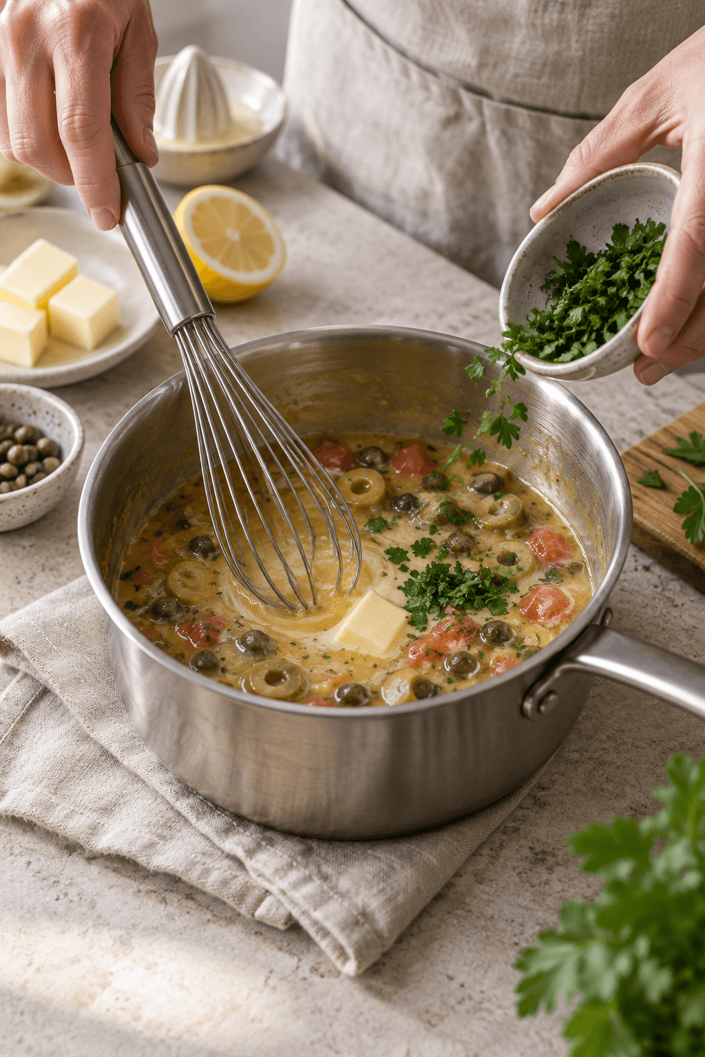 Olivensauce monteres med koldt smør, citron og persille