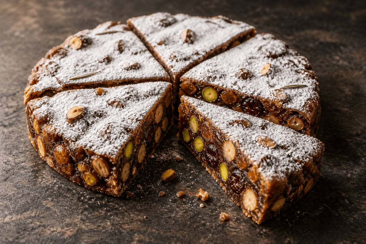 Panforte med surkirsebær, pistacie, hasselnød, appelsin og let flormelis