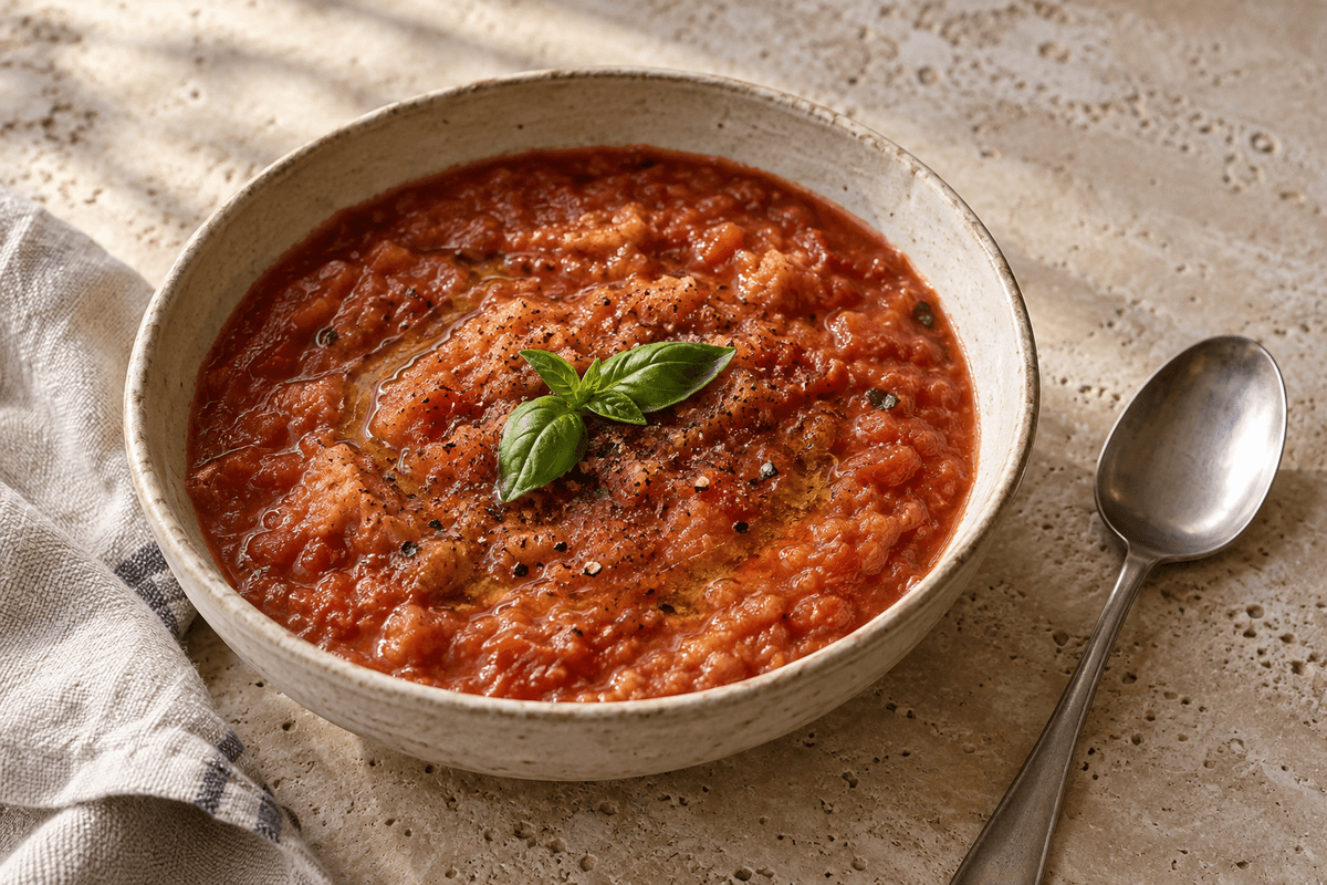 Pappa al pomodoro med basilikum og olivenolie