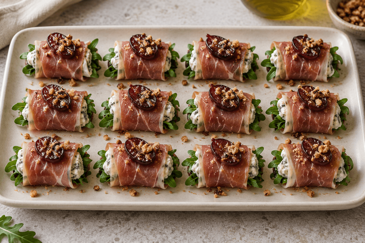 12 parmaskinkeruller med gorgonzolacreme, rucola, bagte druer og rug-valnøddeknas