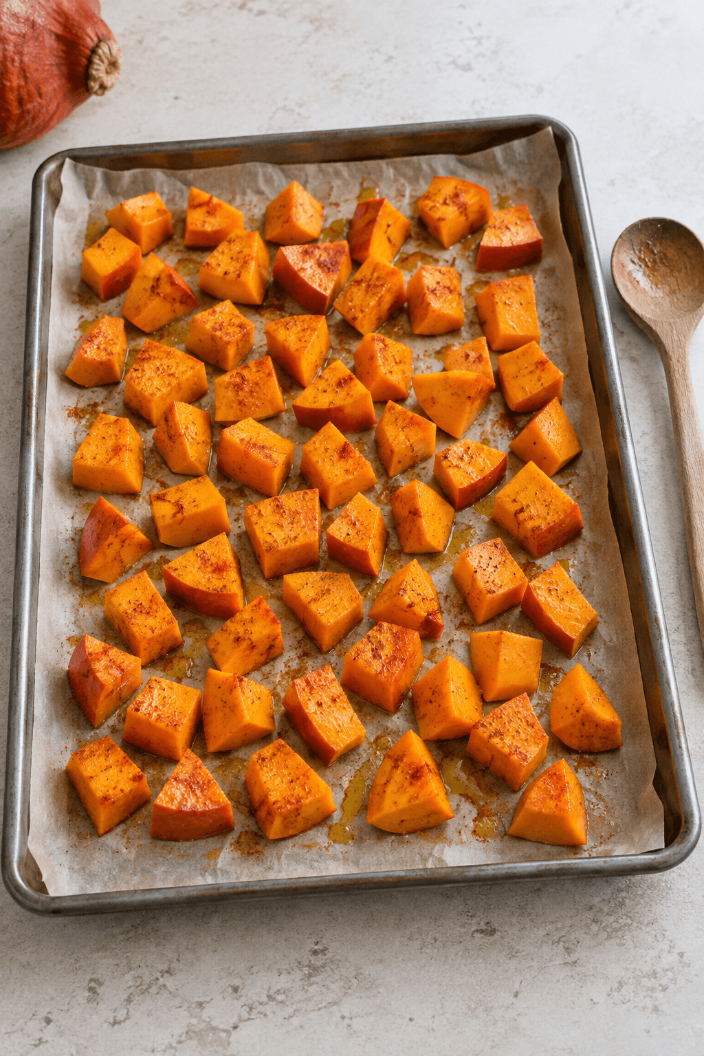 Hokkaidotern med paprika bages i ét lag på én plade