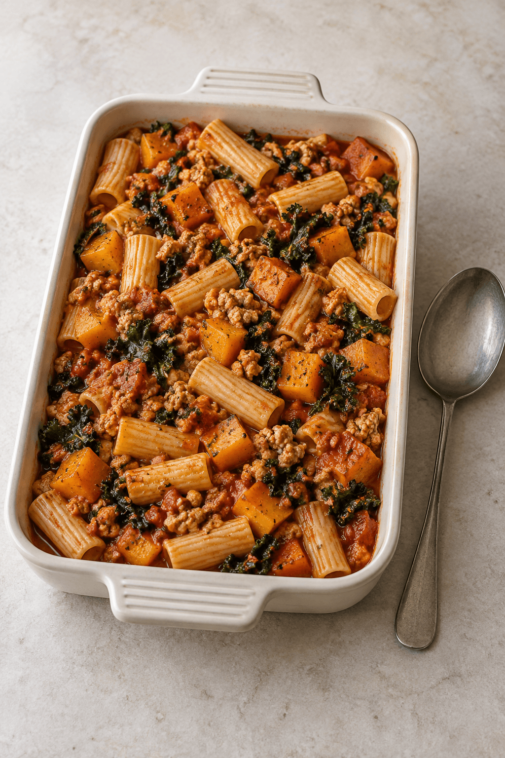Rigatoni vendes med kalkun, tomat, grønkål og hokkaido i ét ubagt fad