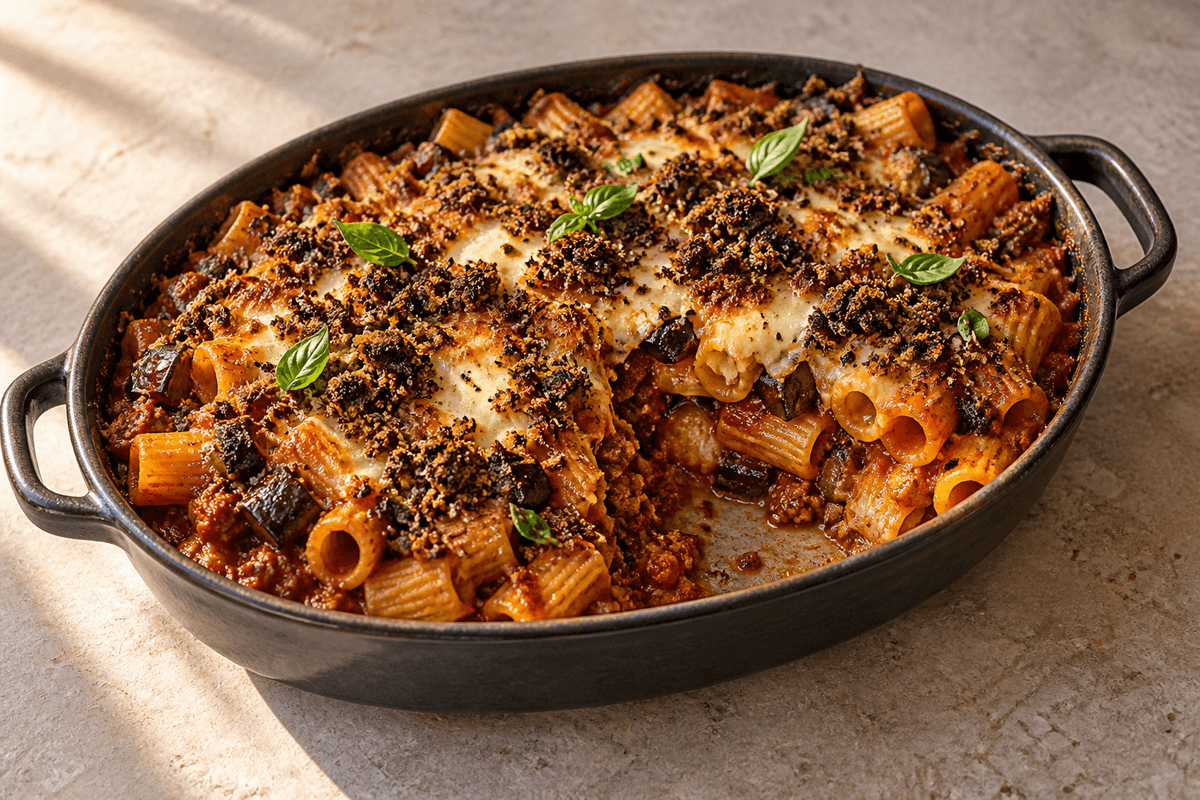 Pastagratin med oksekød, aubergine, røget paprika og mozzarella-rugcrunch