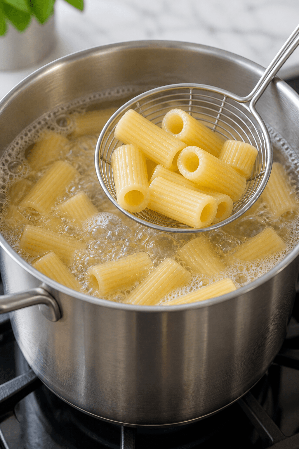 Rigatoni forkoges med fast midte og løftes fra kogevandet