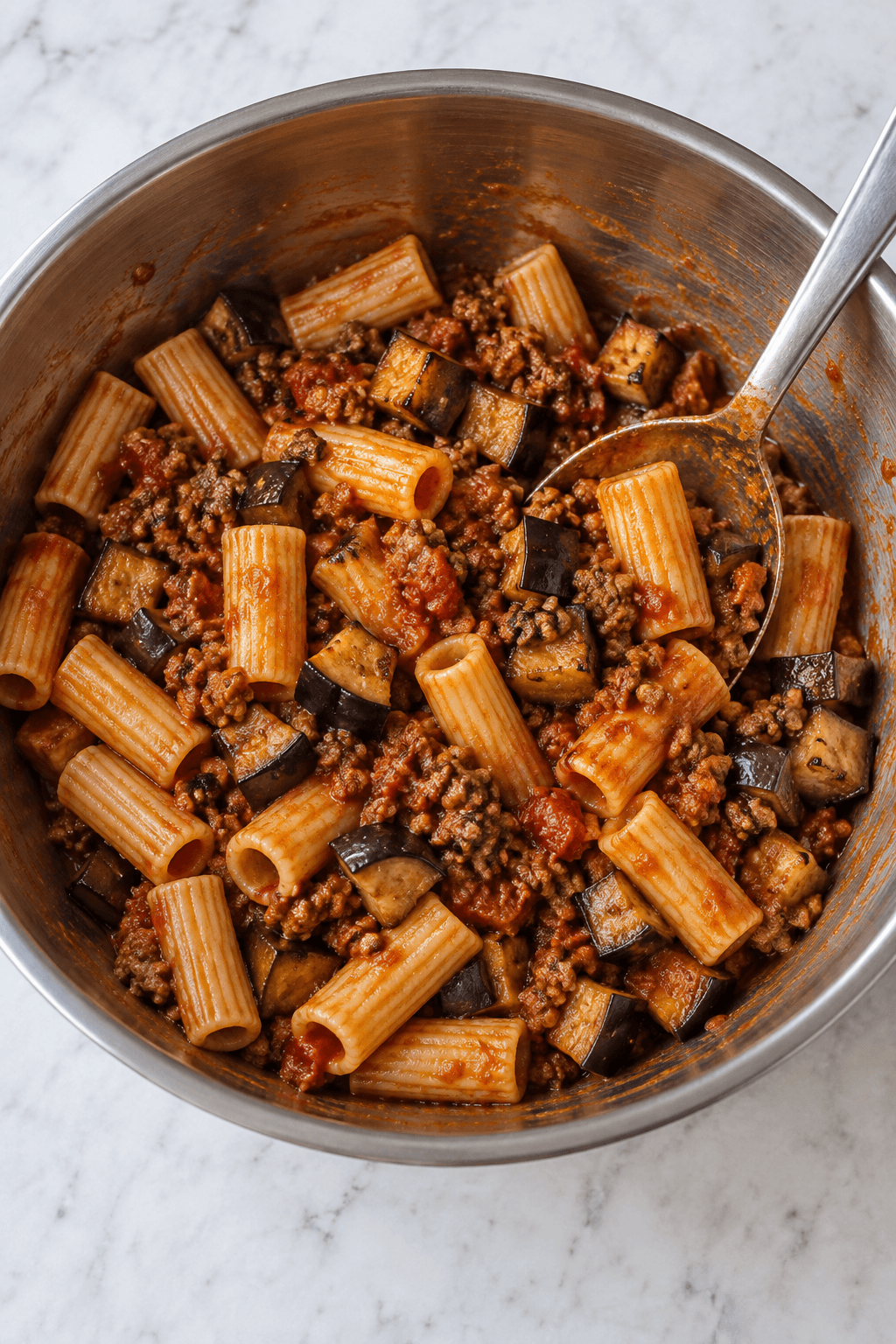 Rigatoni vendes med oksekødssauce og gyldne auberginetern
