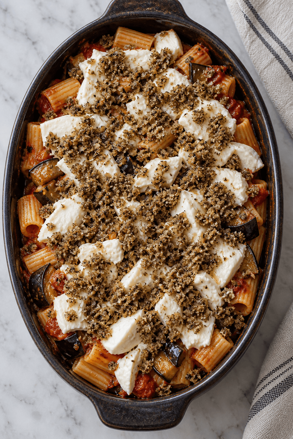 Ubagt pastagratin toppes med mozzarella og grove rugkrummer