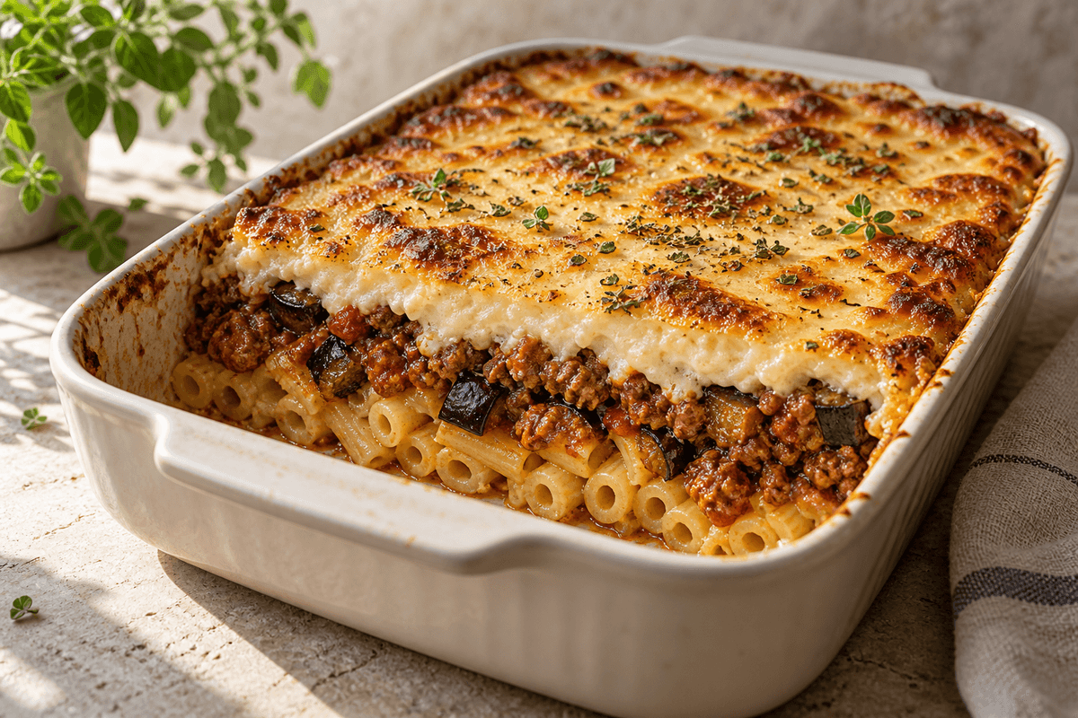 Pastitsio med tydelige lag af pasta, lam, aubergine og gylden bechamel