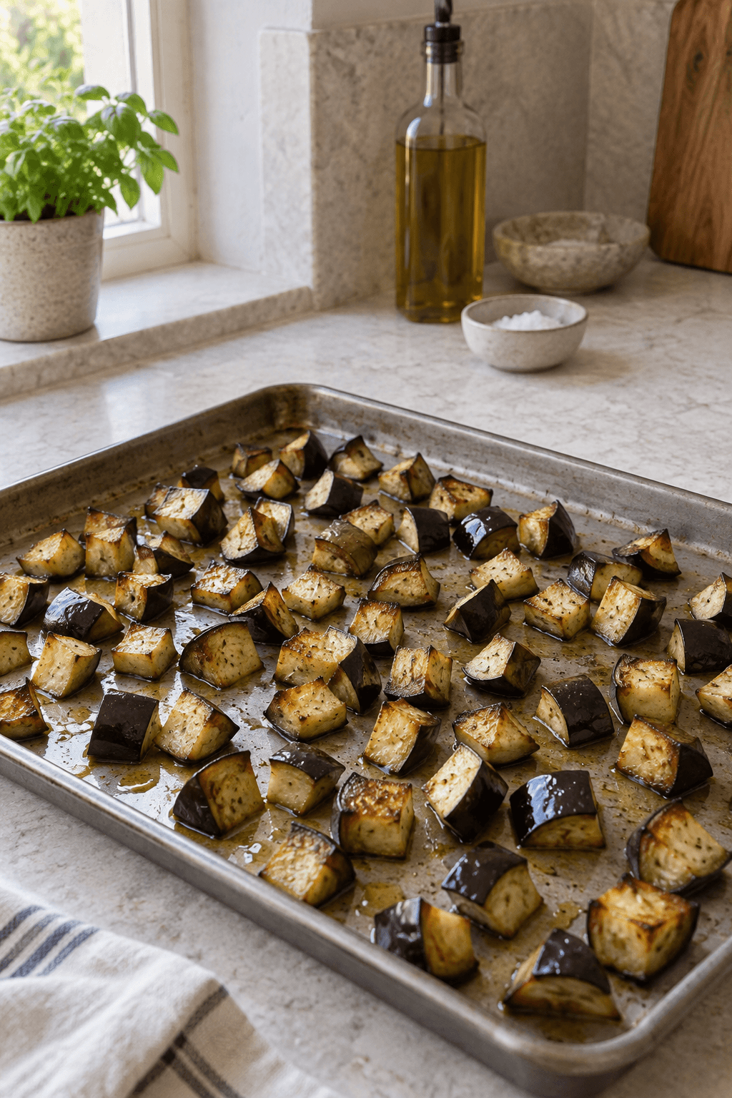 Gyldne, ovnristede auberginetern på bageplade