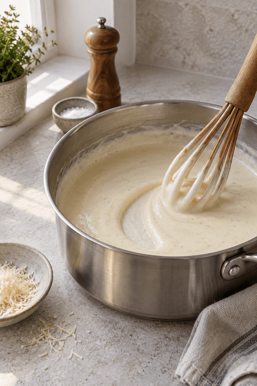 Fast, glat bechamel piskes i en gryde