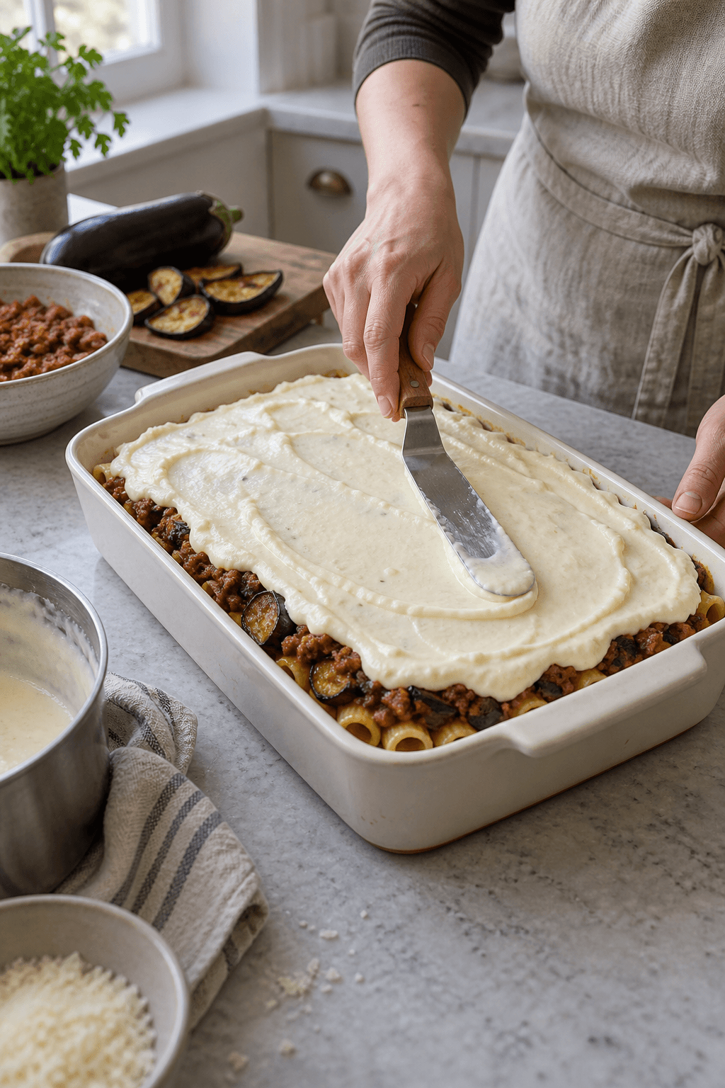 Pastitsio samles med pasta, lammekødsauce, aubergine og bechamel