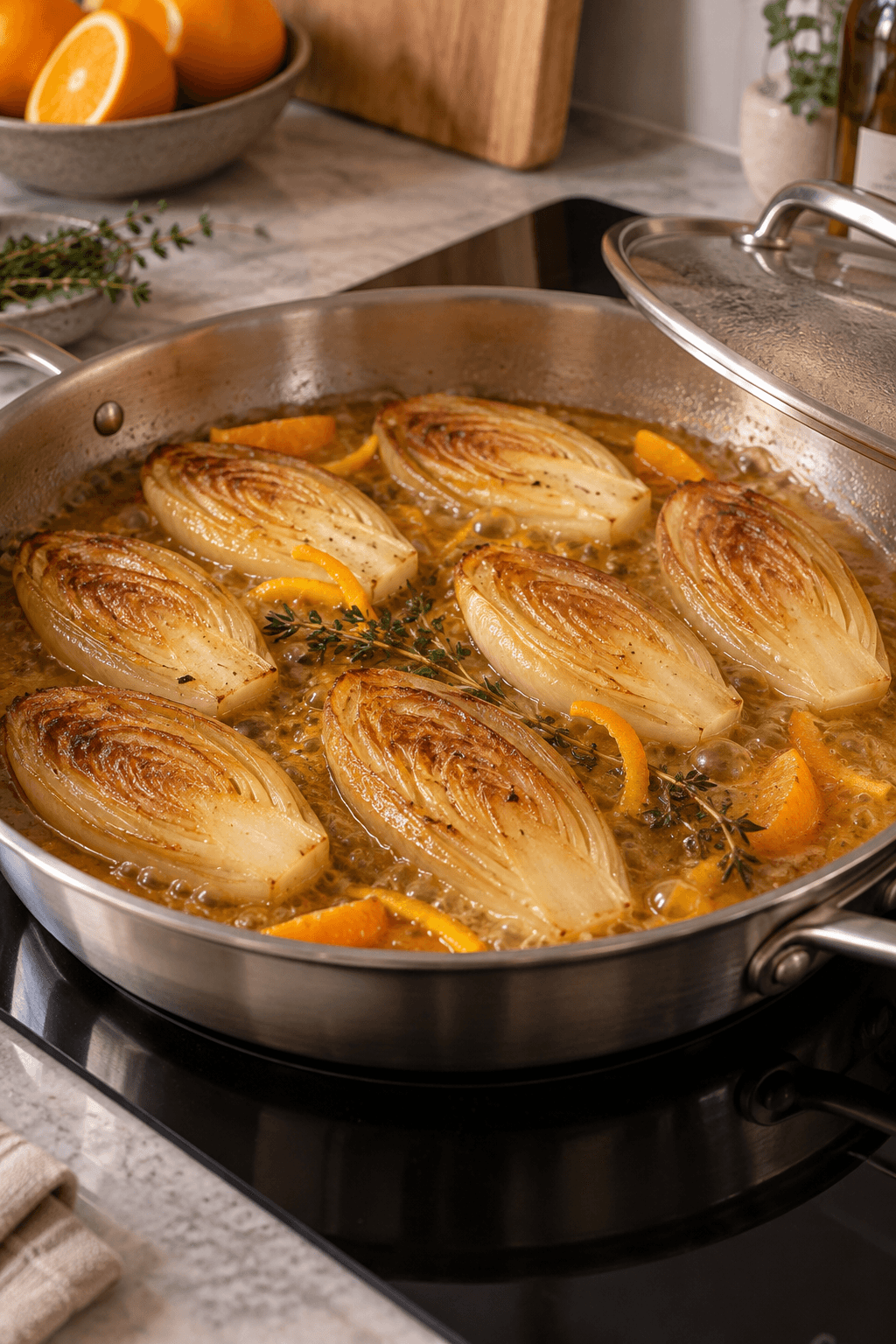 Otte gyldne endiviehalve braiserer i appelsin, hvidvin og timian